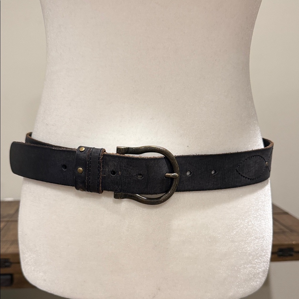 Frye Black Leather Belt with Brass Accents